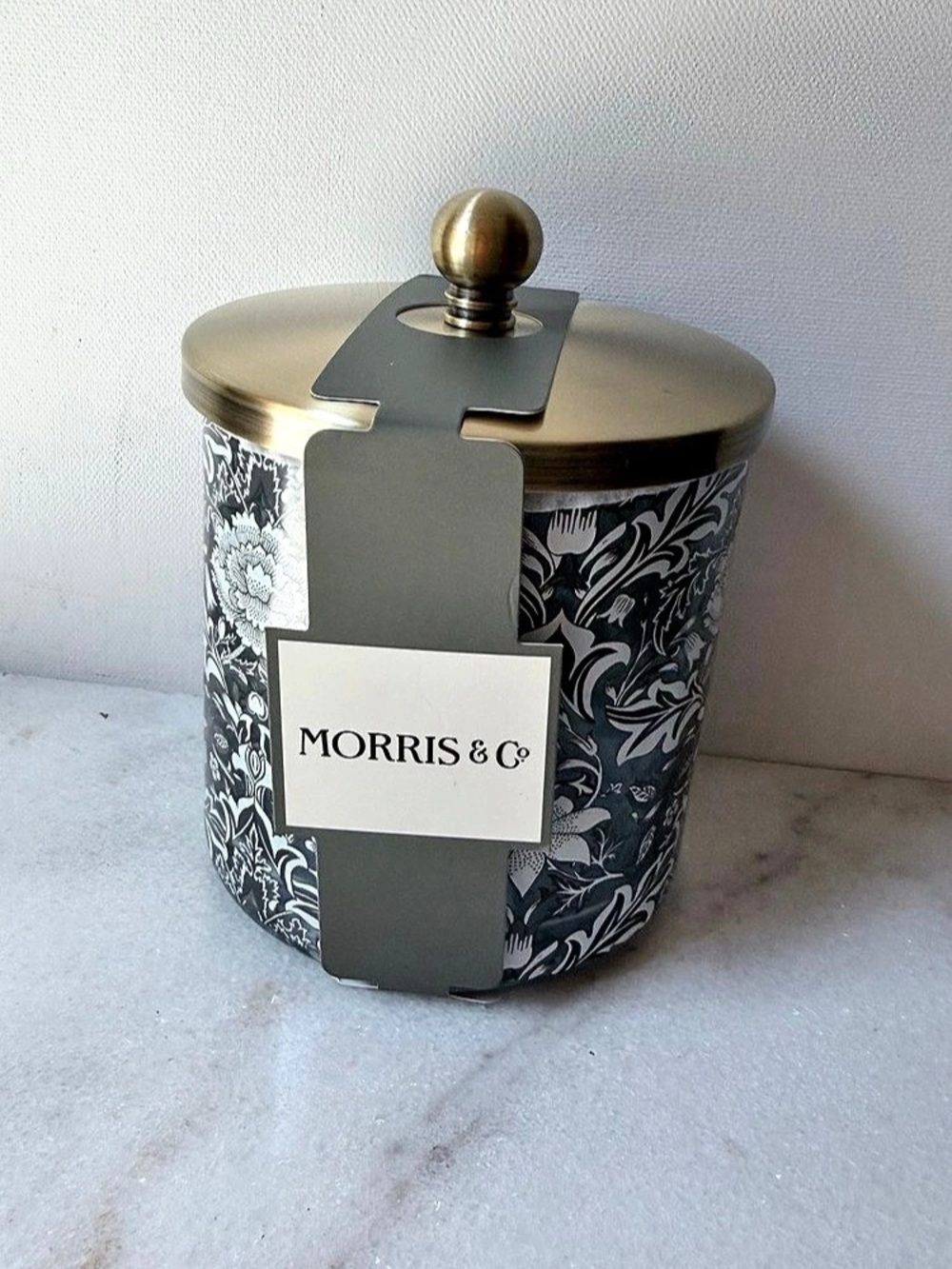 Morris & Co. Black & White Floral Ceramic Jar Canister Gold Lid Envogue NWT